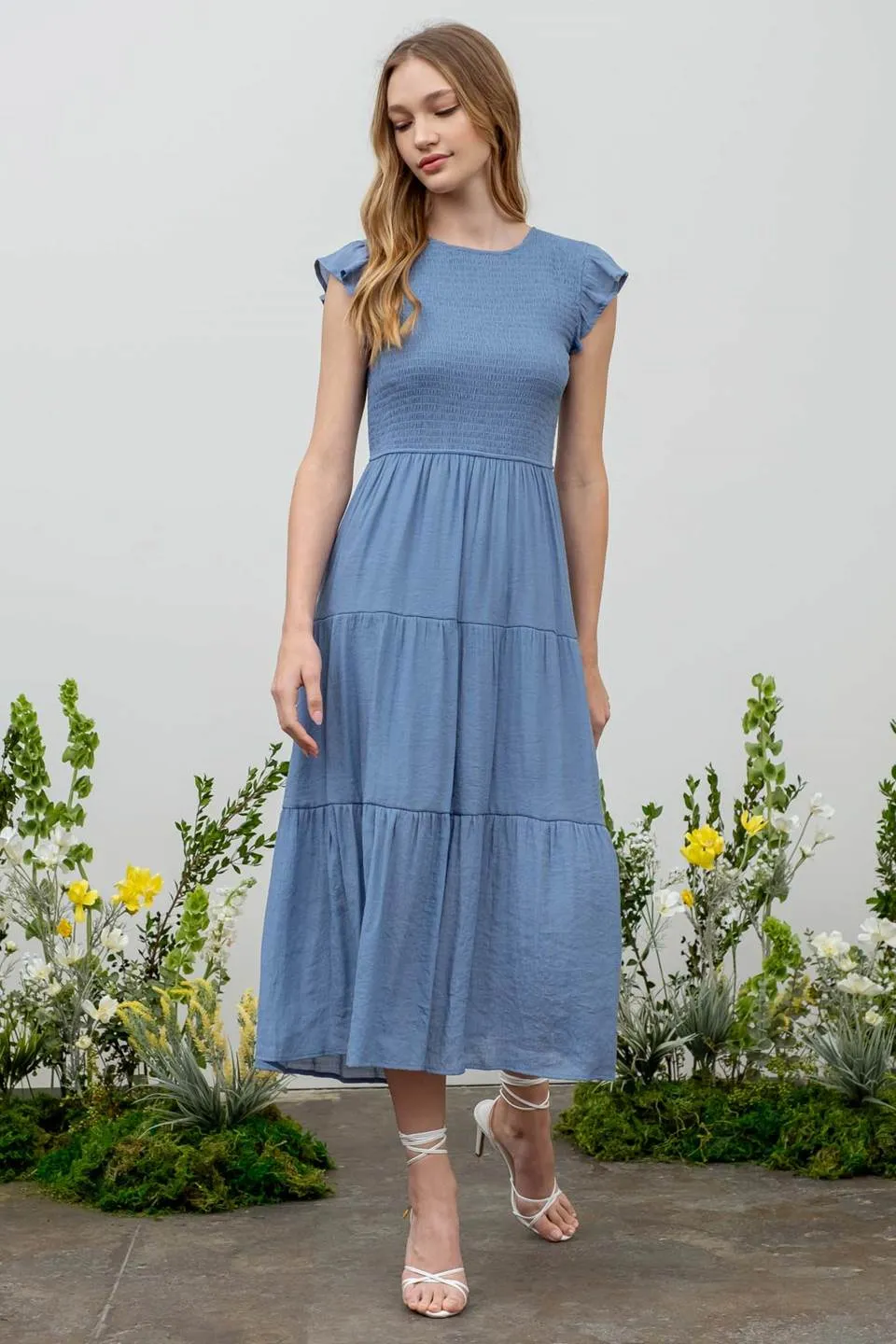 SMOCKED TIERED MIDI DRESS