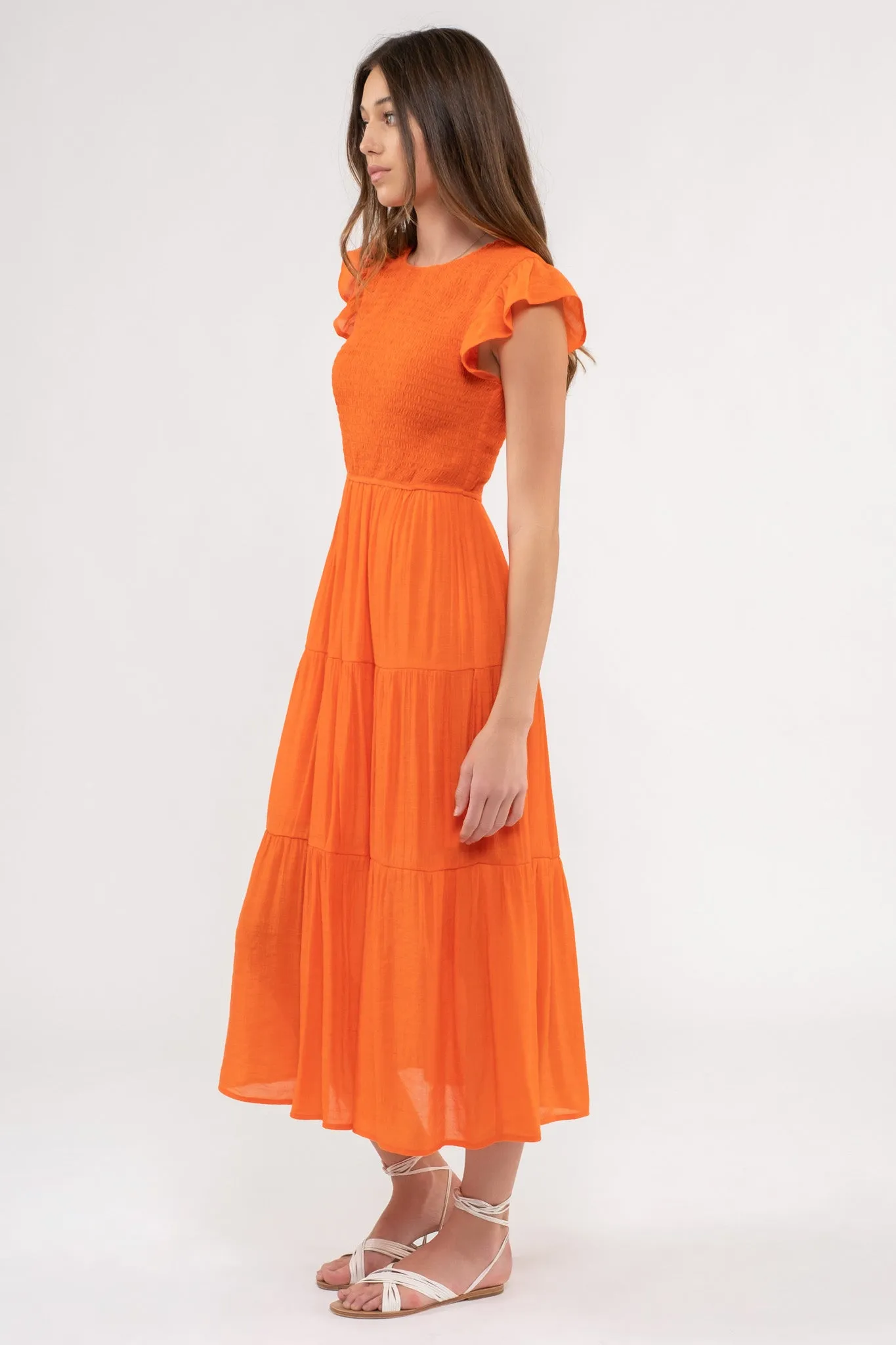 SMOCKED TIERED MIDI DRESS