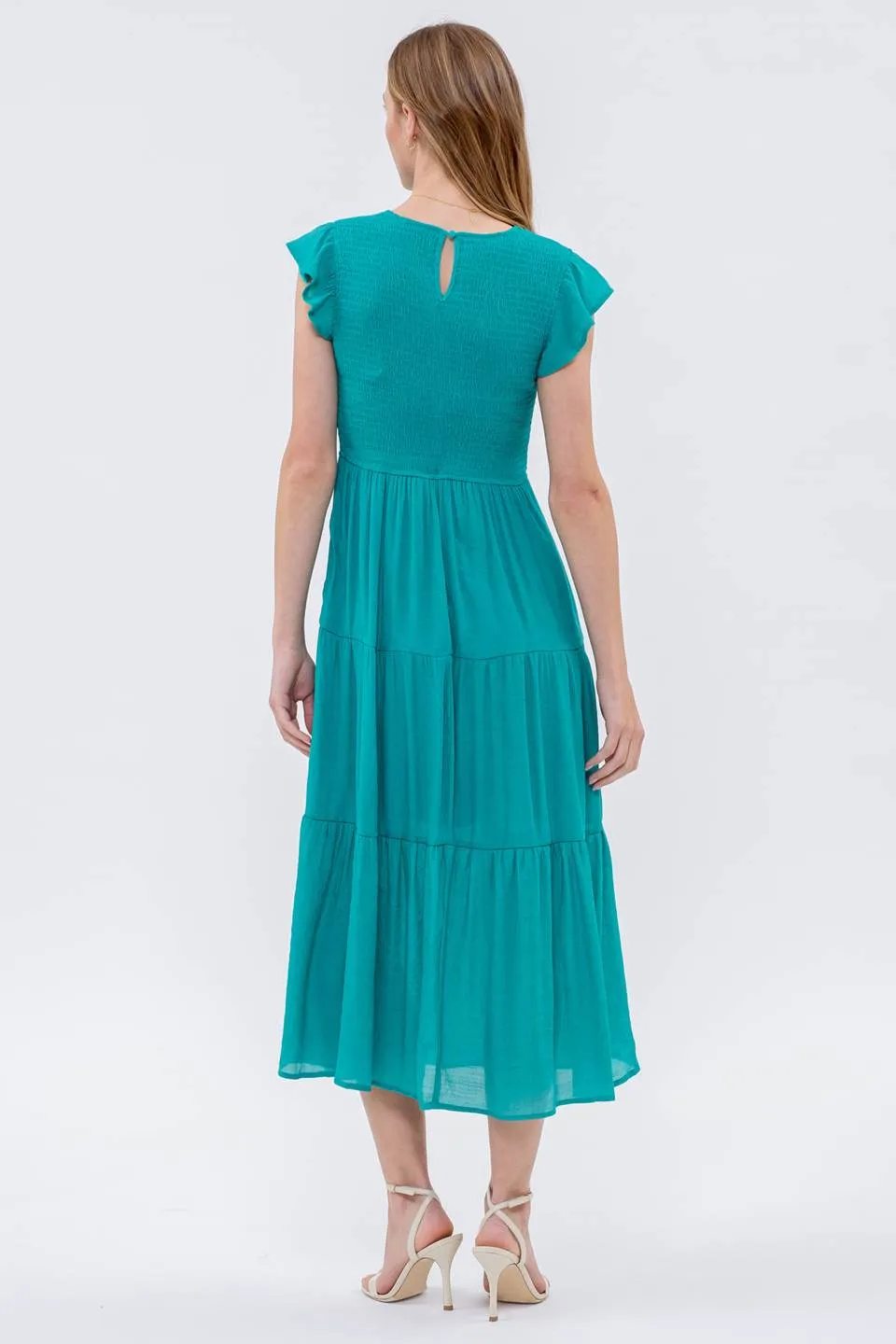 SMOCKED TIERED MIDI DRESS