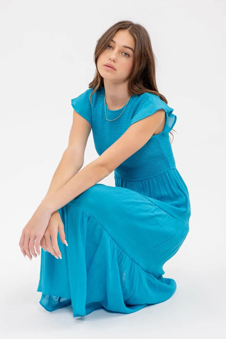 SMOCKED TIERED MIDI DRESS