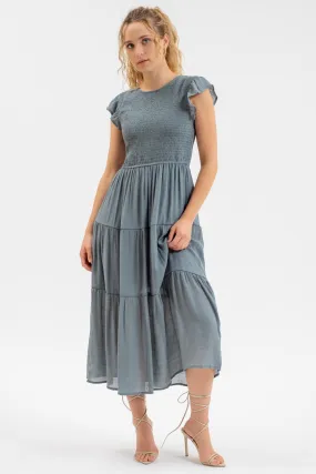 SMOCKED TIERED MIDI DRESS