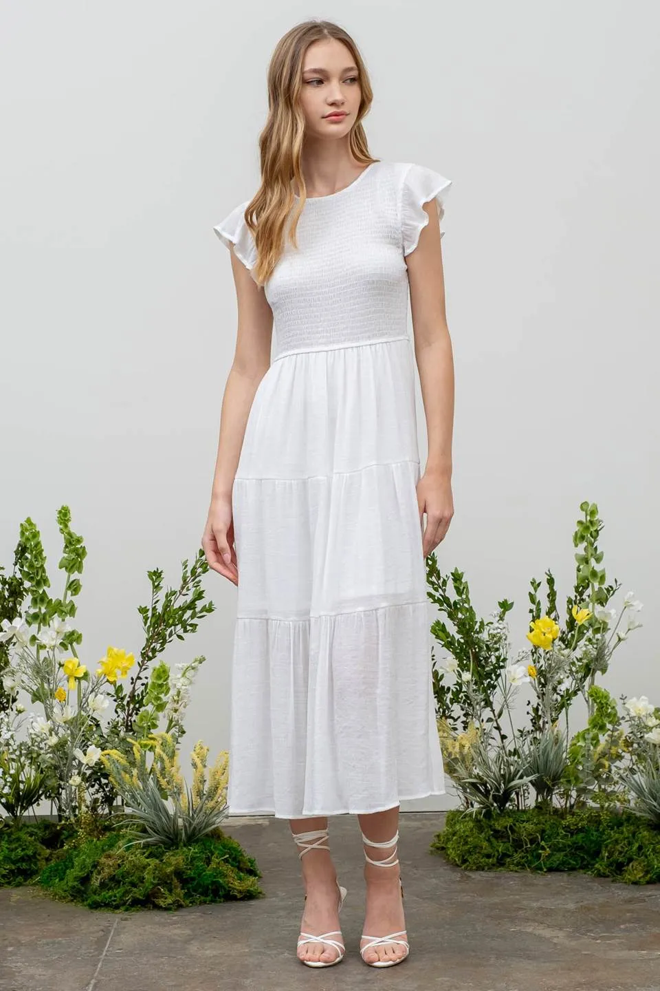 SMOCKED TIERED MIDI DRESS