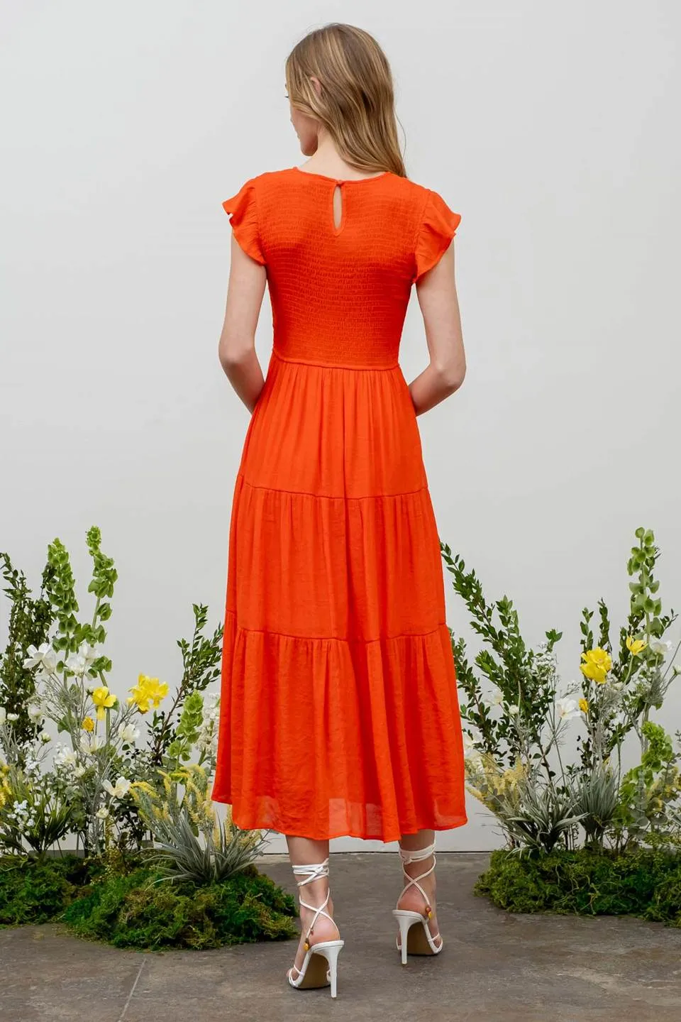 SMOCKED TIERED MIDI DRESS