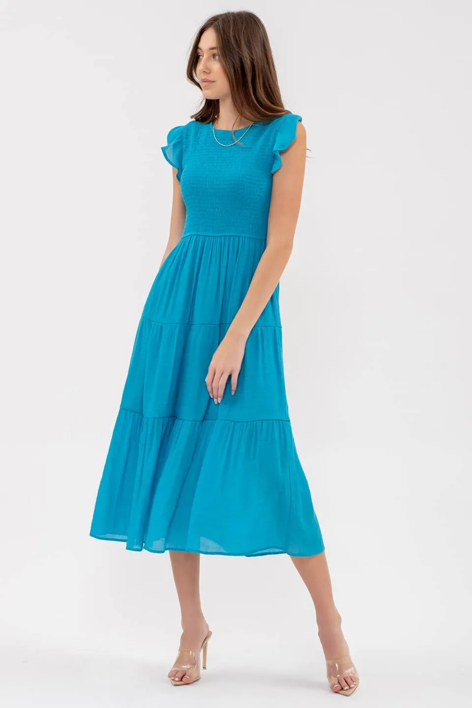 SMOCKED TIERED MIDI DRESS