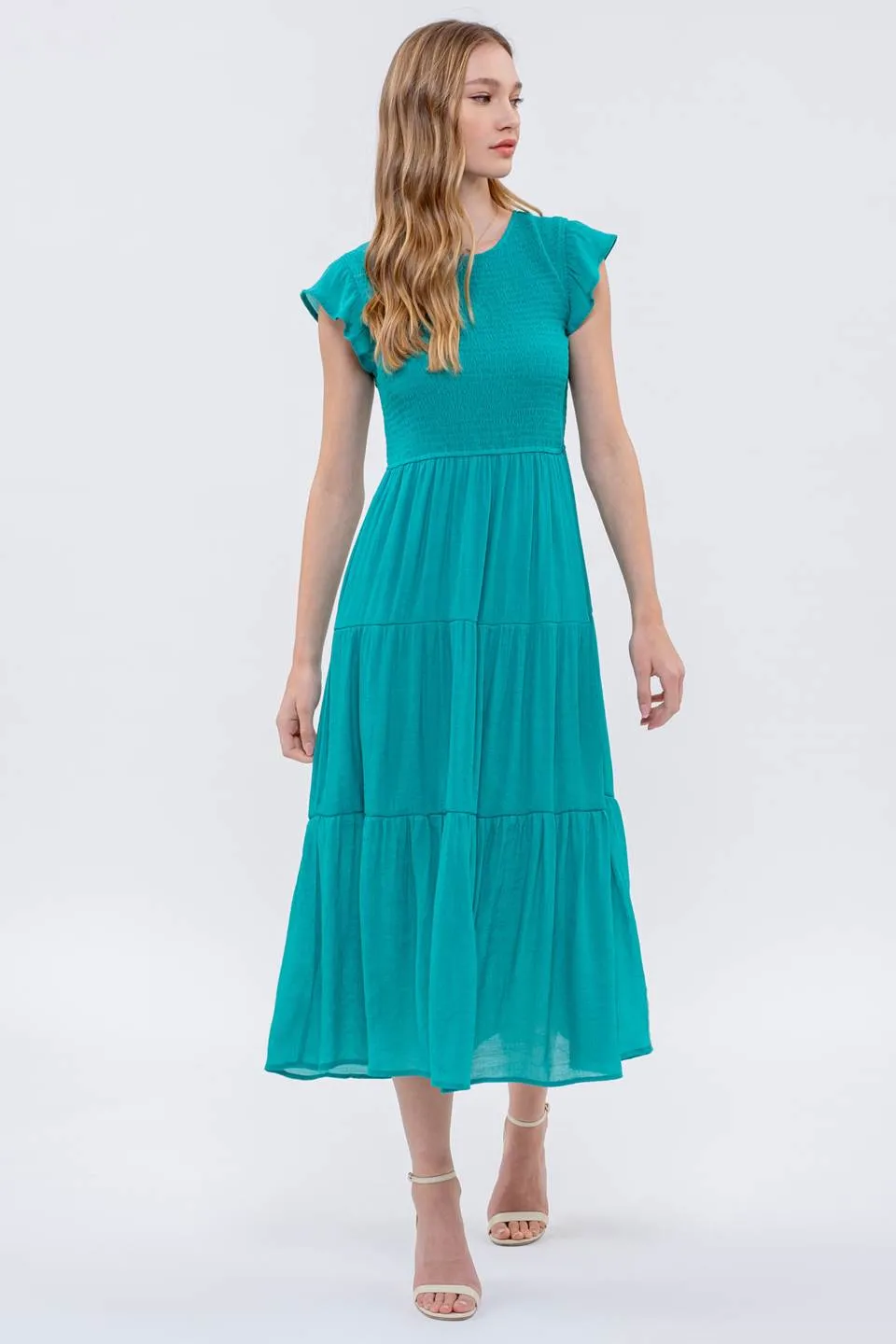 SMOCKED TIERED MIDI DRESS