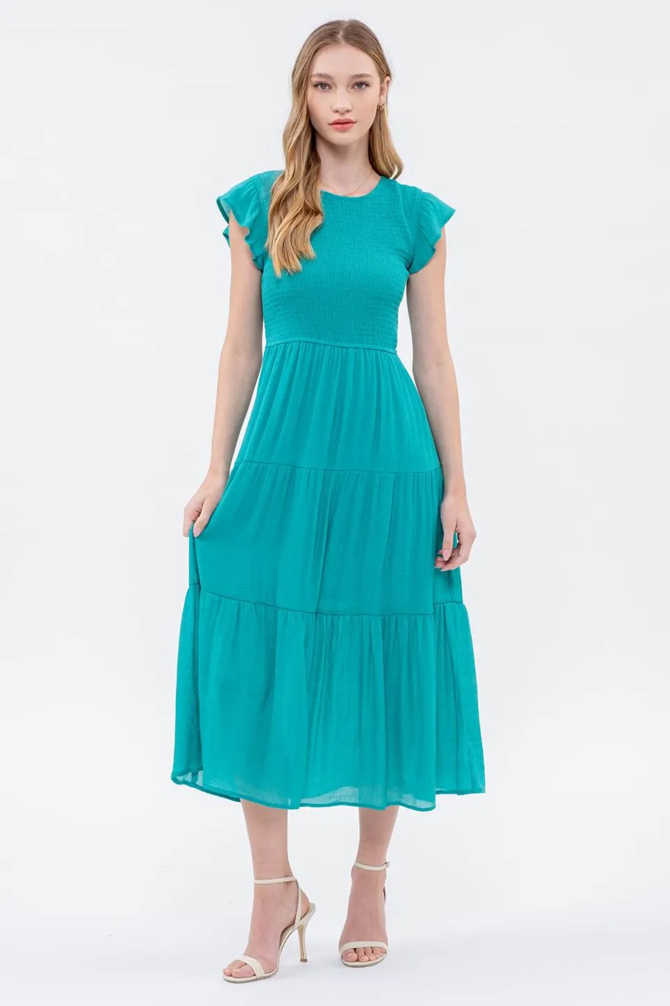 SMOCKED TIERED MIDI DRESS