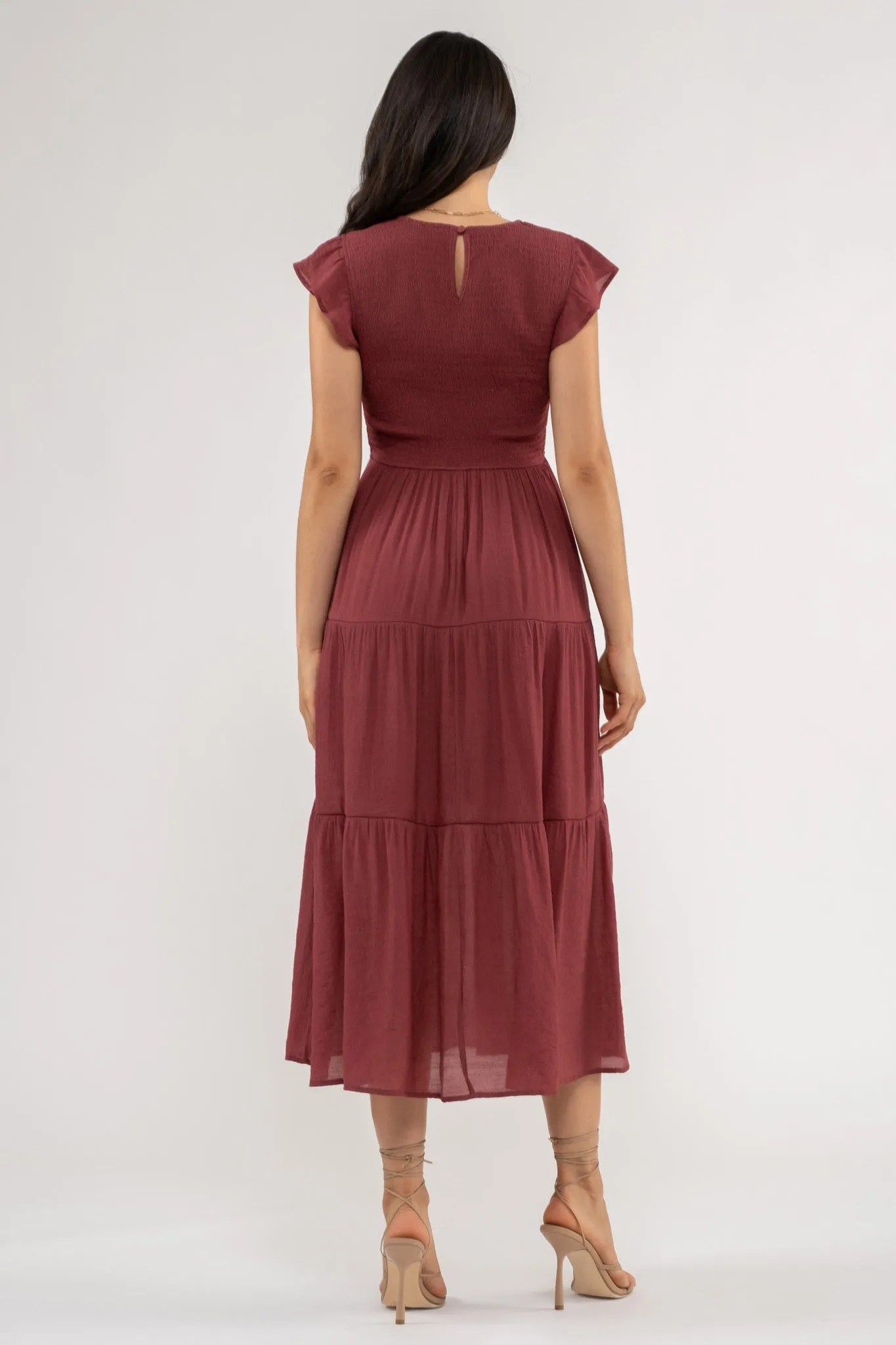 SMOCKED TIERED MIDI DRESS
