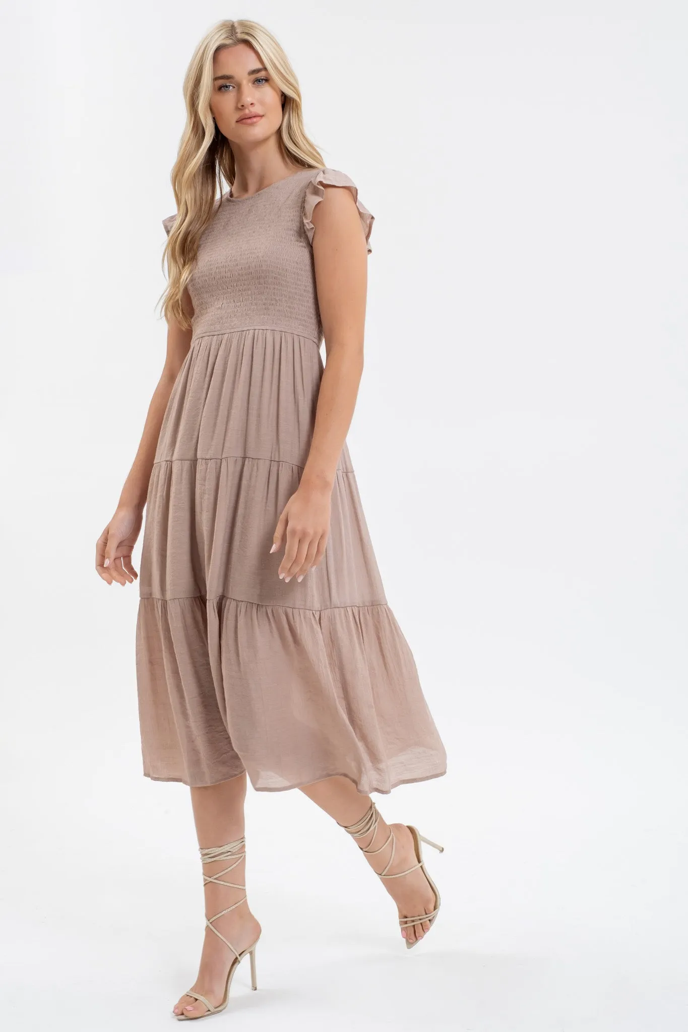 SMOCKED TIERED MIDI DRESS