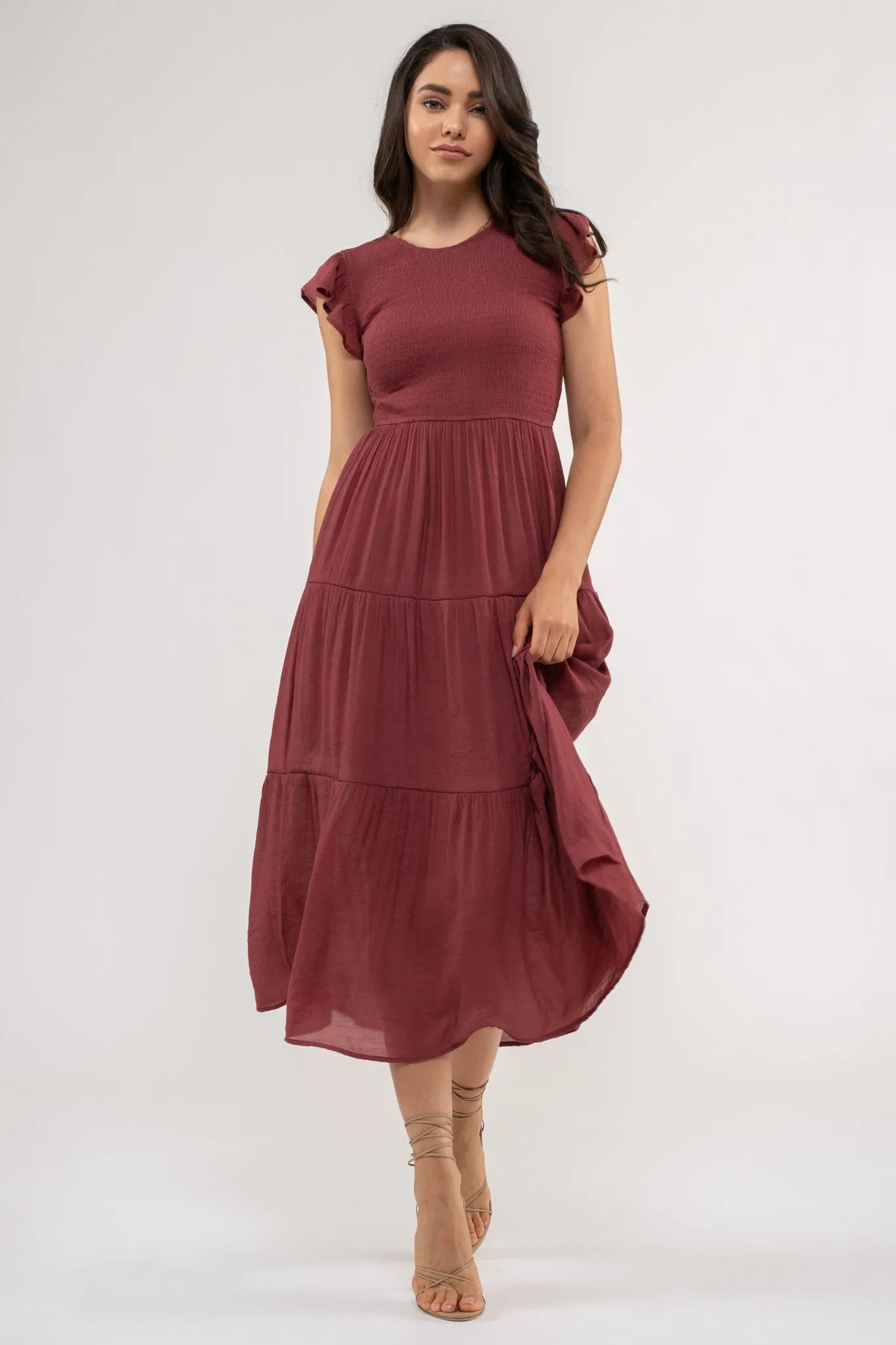 SMOCKED TIERED MIDI DRESS