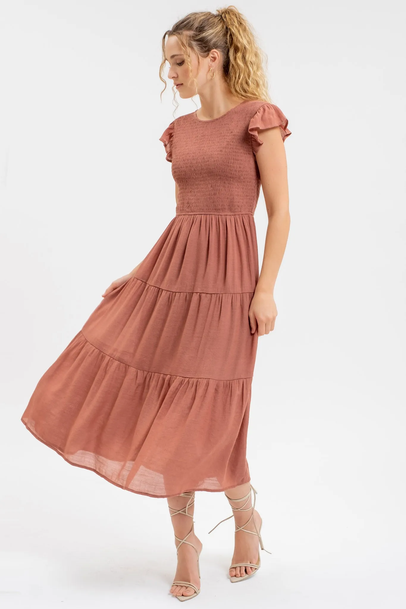 SMOCKED TIERED MIDI DRESS