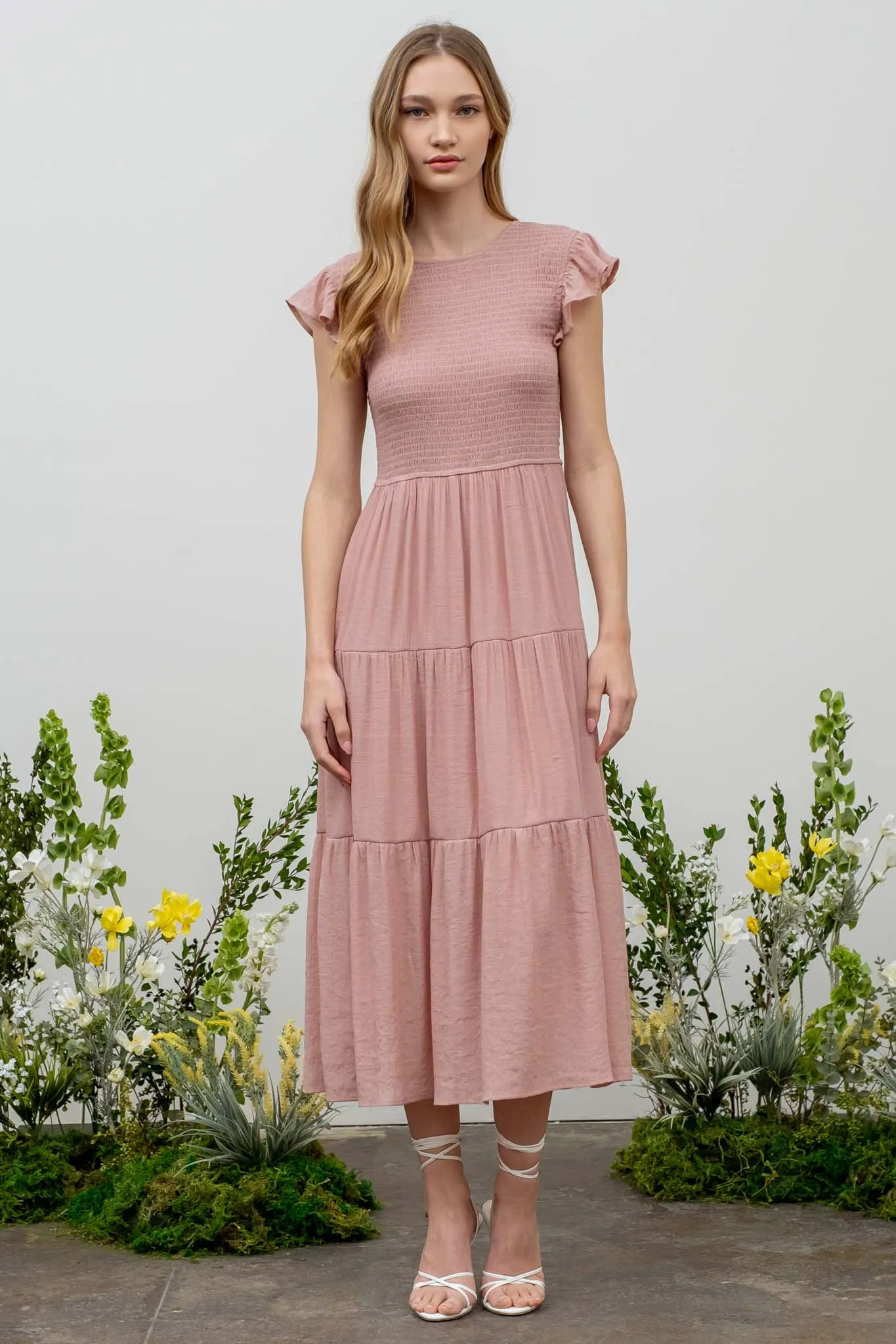 SMOCKED TIERED MIDI DRESS
