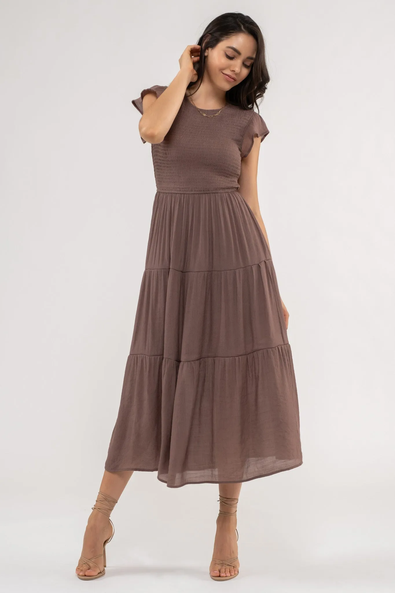 SMOCKED TIERED MIDI DRESS
