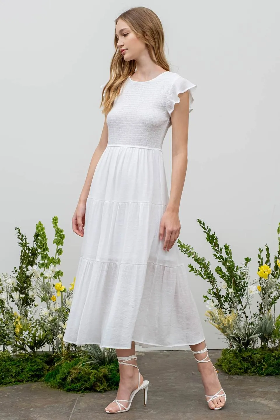 SMOCKED TIERED MIDI DRESS