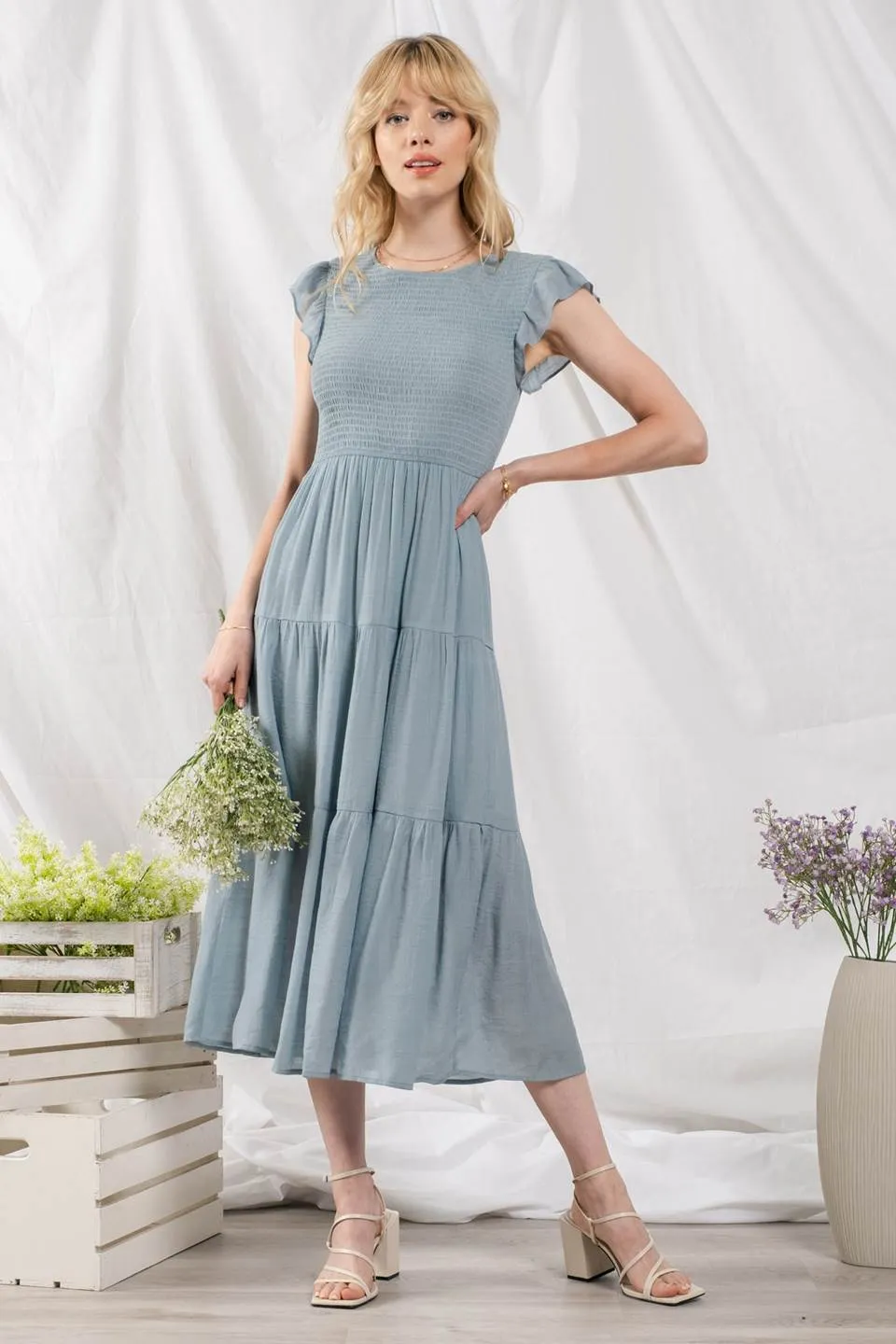 SMOCKED TIERED MIDI DRESS
