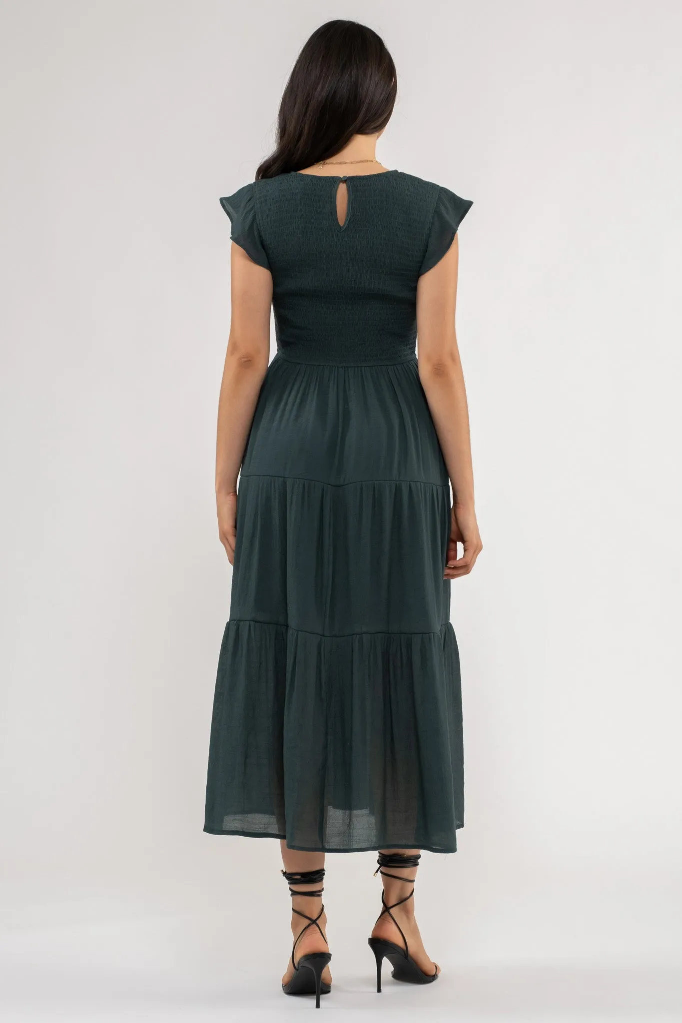 SMOCKED TIERED MIDI DRESS