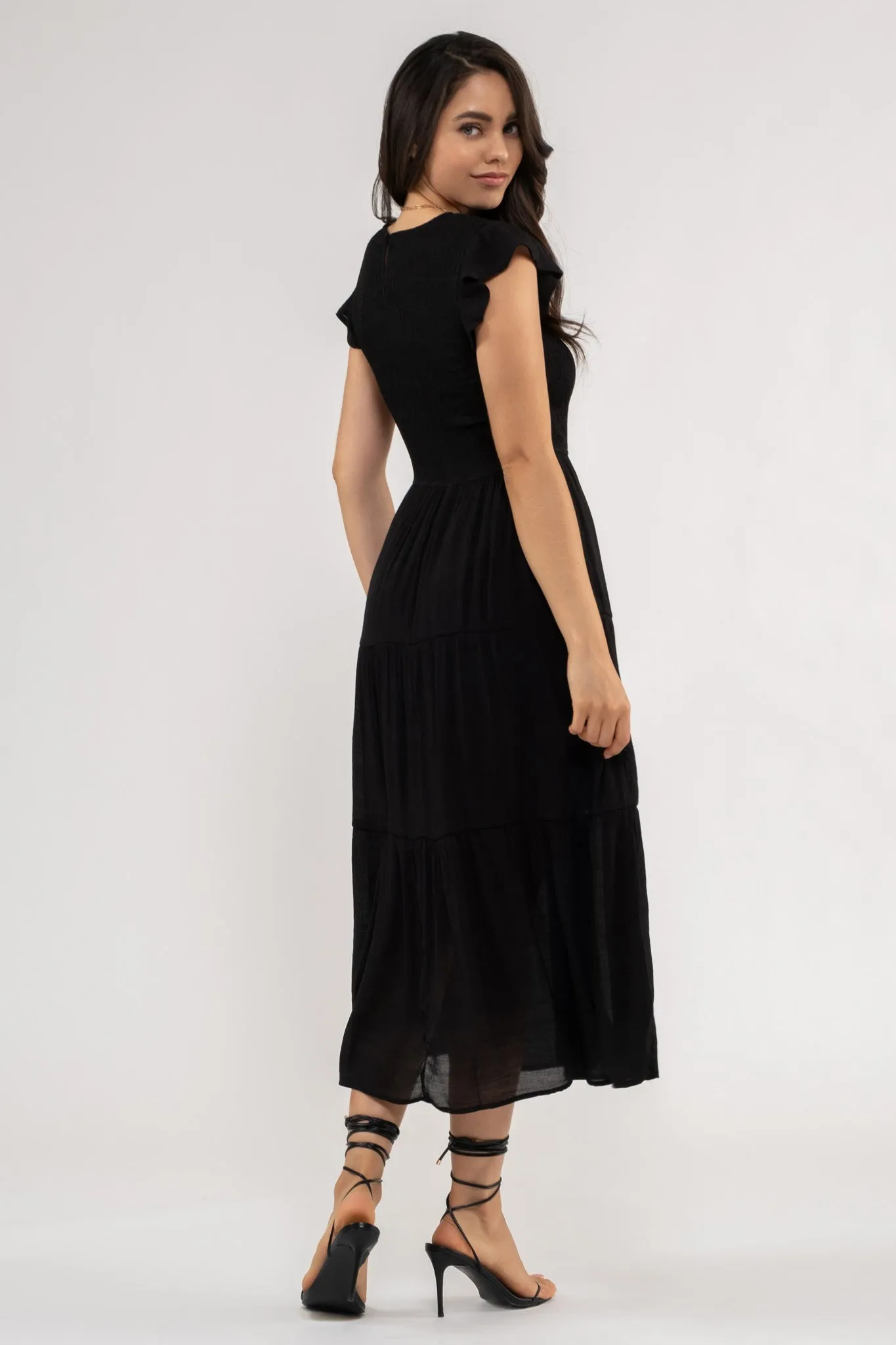 SMOCKED TIERED MIDI DRESS
