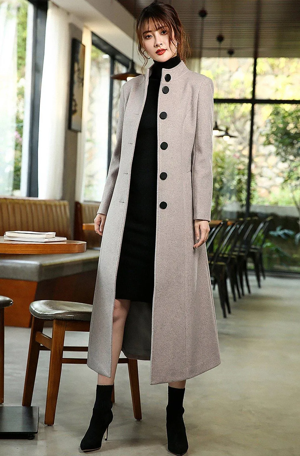 Stand Collar Single Breasted Flared Wool Blend Long Coat