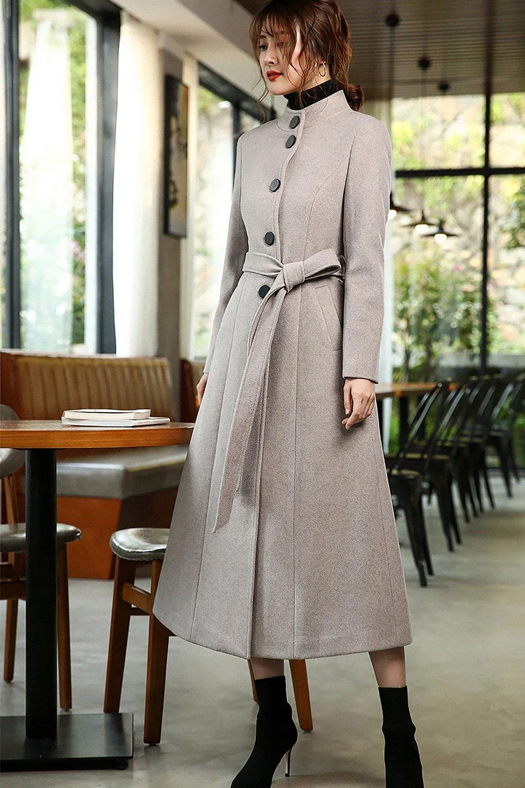 Stand Collar Single Breasted Flared Wool Blend Long Coat