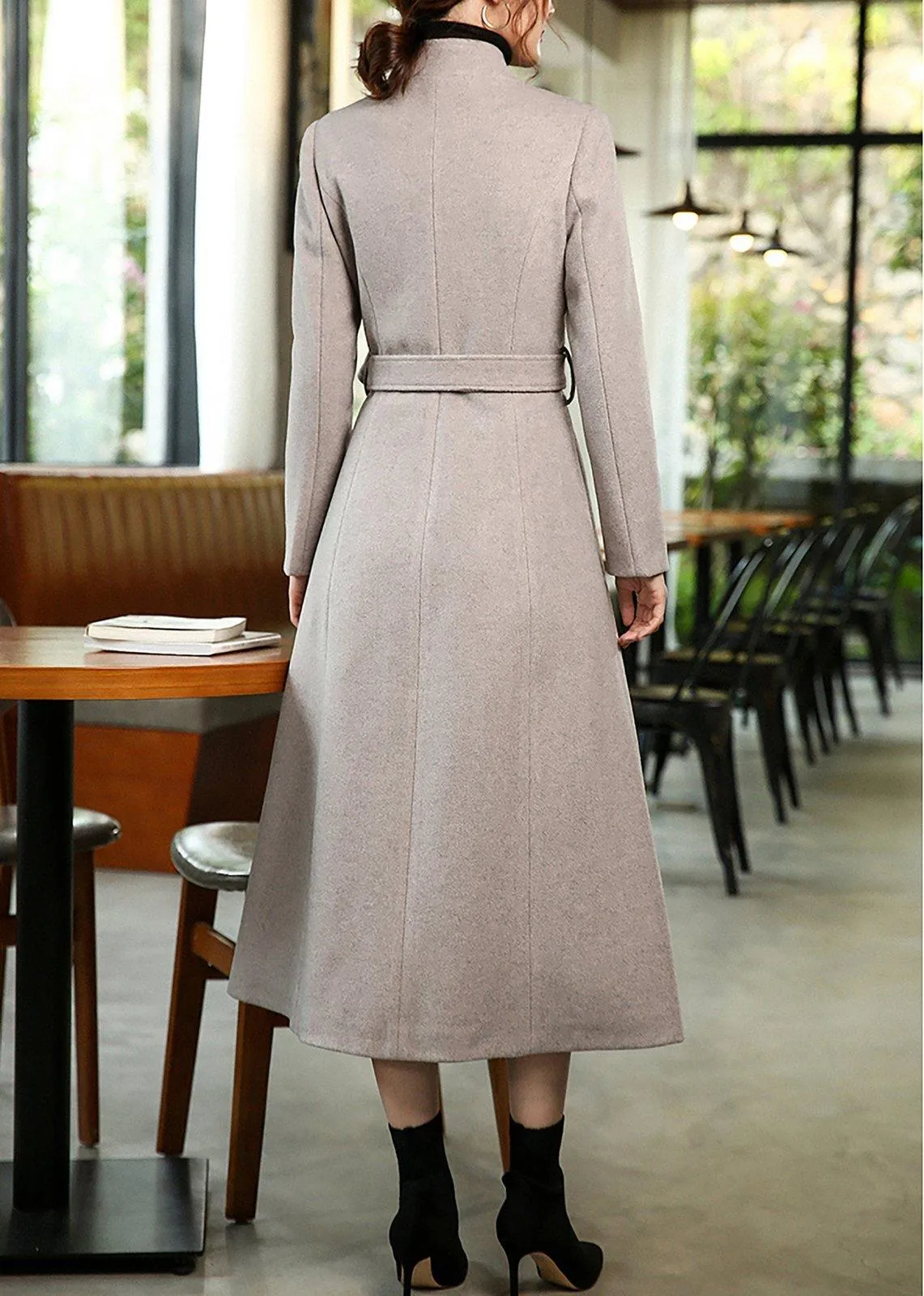 Stand Collar Single Breasted Flared Wool Blend Long Coat