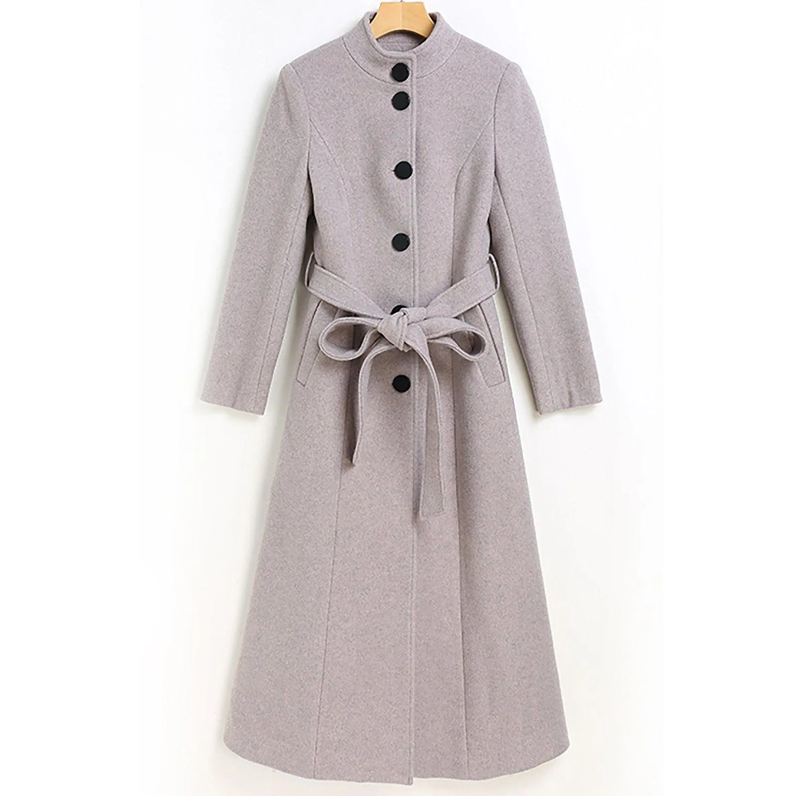 Stand Collar Single Breasted Flared Wool Blend Long Coat
