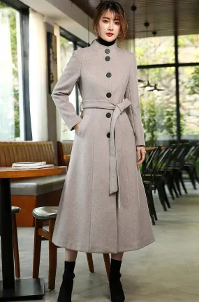 Stand Collar Single Breasted Flared Wool Blend Long Coat