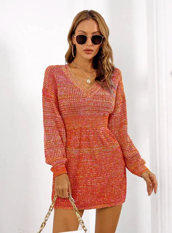 TastyHottie - V-NECK COLORFUL LANTERN SLEEVE SWEATER DRESS