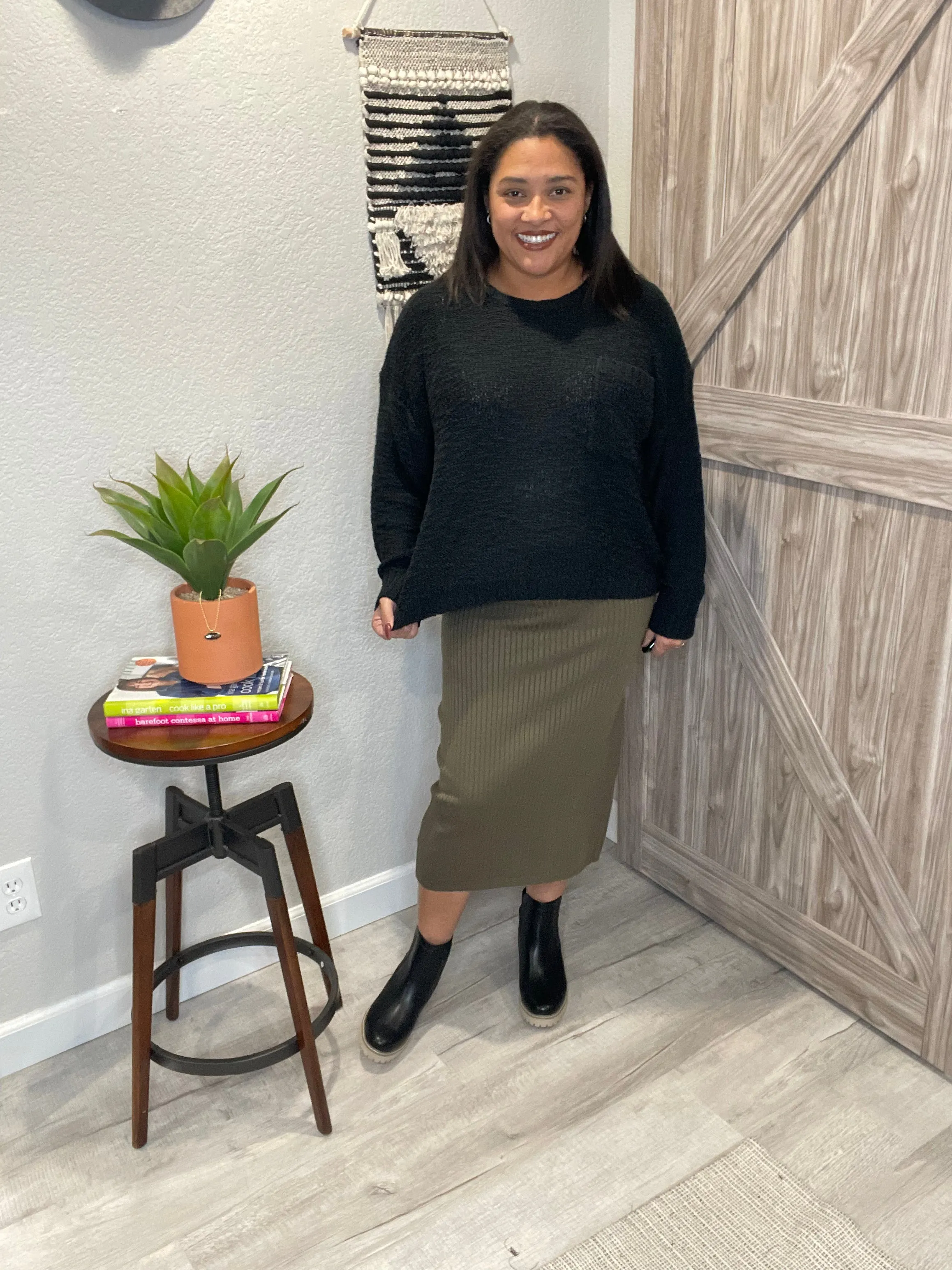 Thick Ribbed Midi Back Slit Sweater Skirt