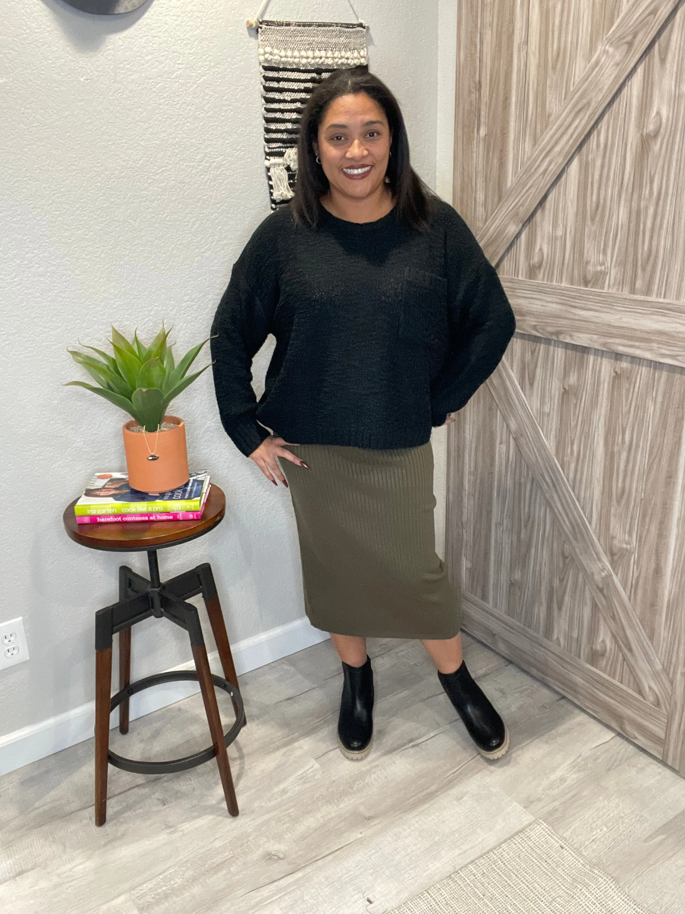 Thick Ribbed Midi Back Slit Sweater Skirt