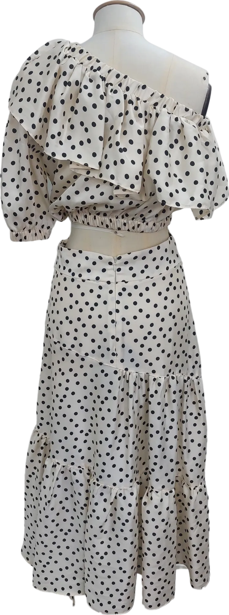 Topshop Cream Polka Dot One Sleeve Top And Midi Skirt UK 8