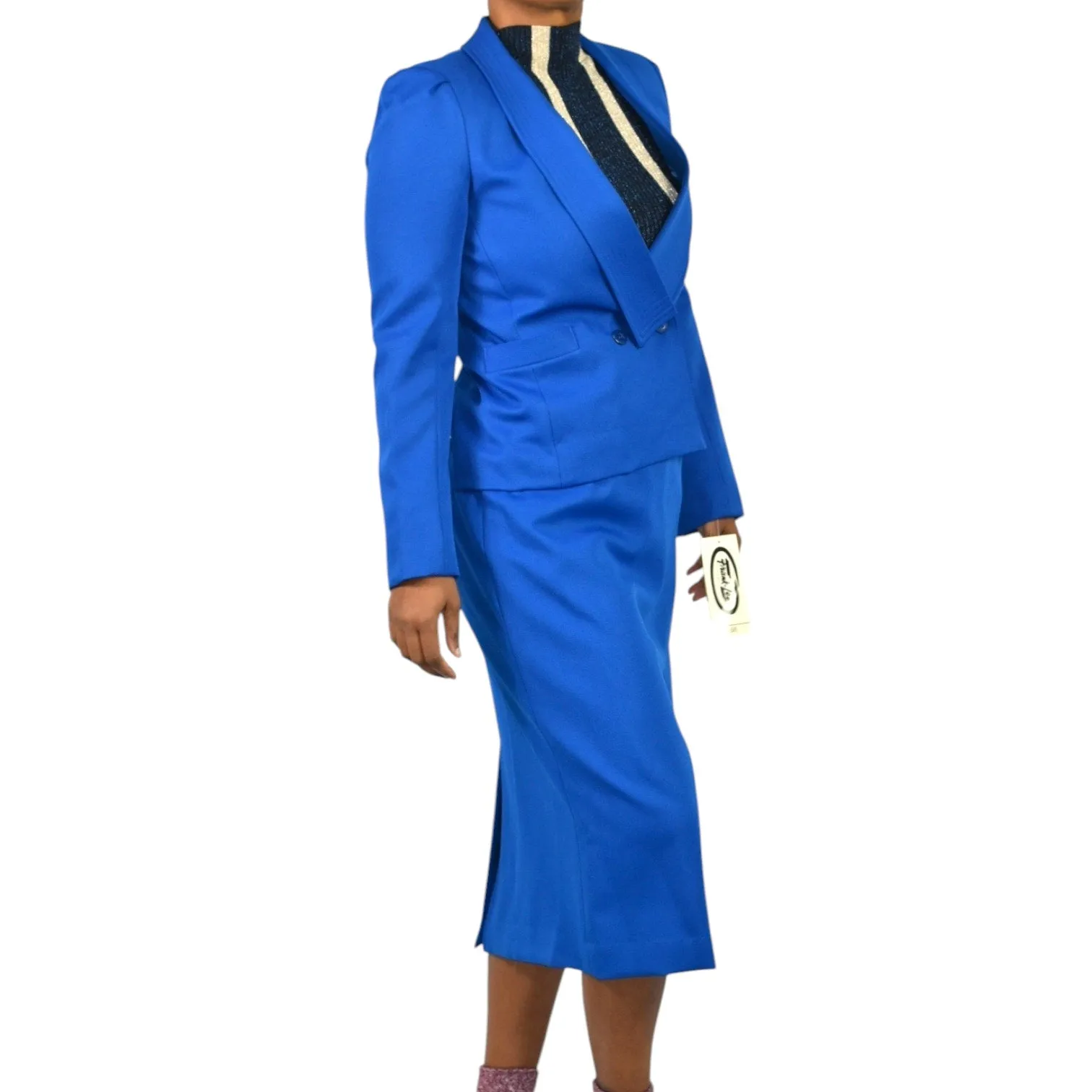 Vintage Frank Lee Skirt Suit Electric Blue 80s Blazer Midi Office Royal Career Small