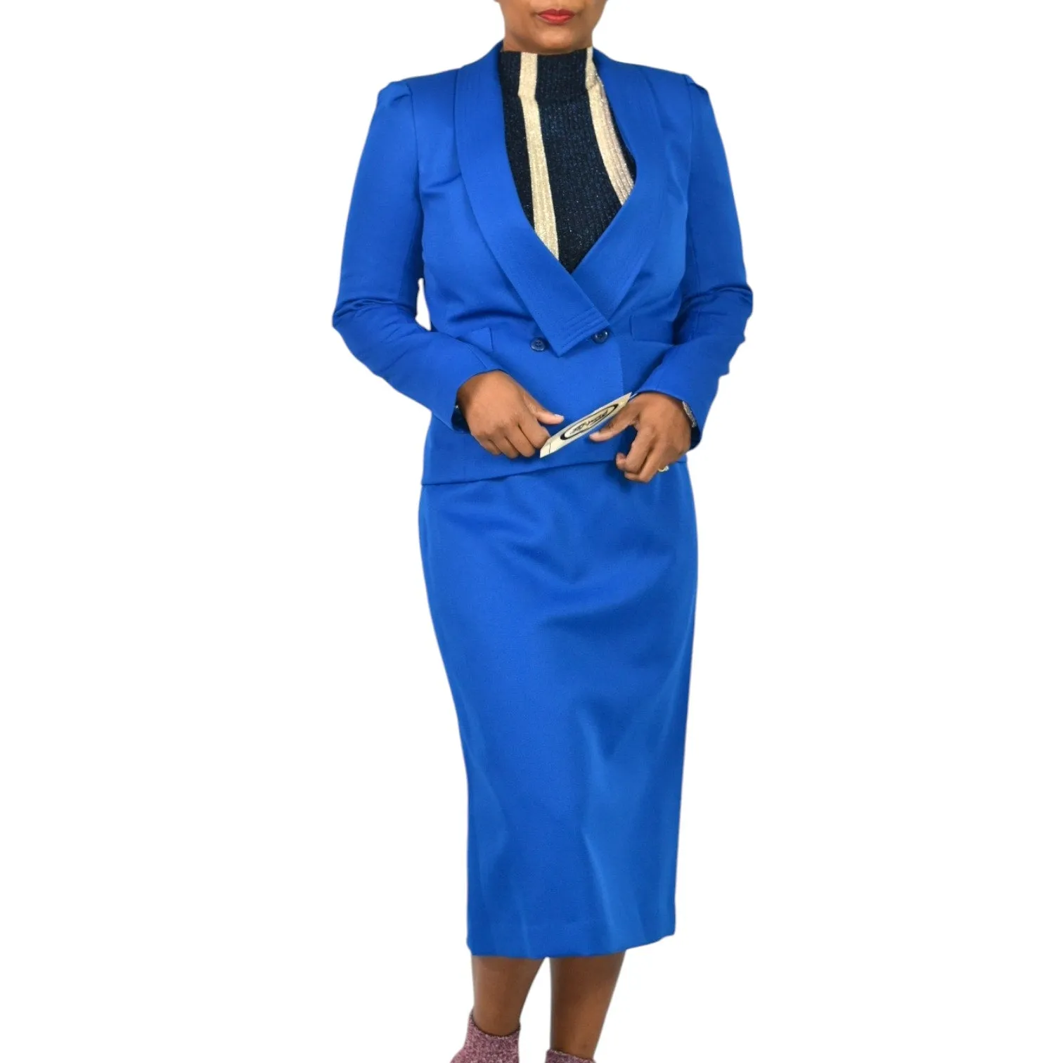Vintage Frank Lee Skirt Suit Electric Blue 80s Blazer Midi Office Royal Career Small
