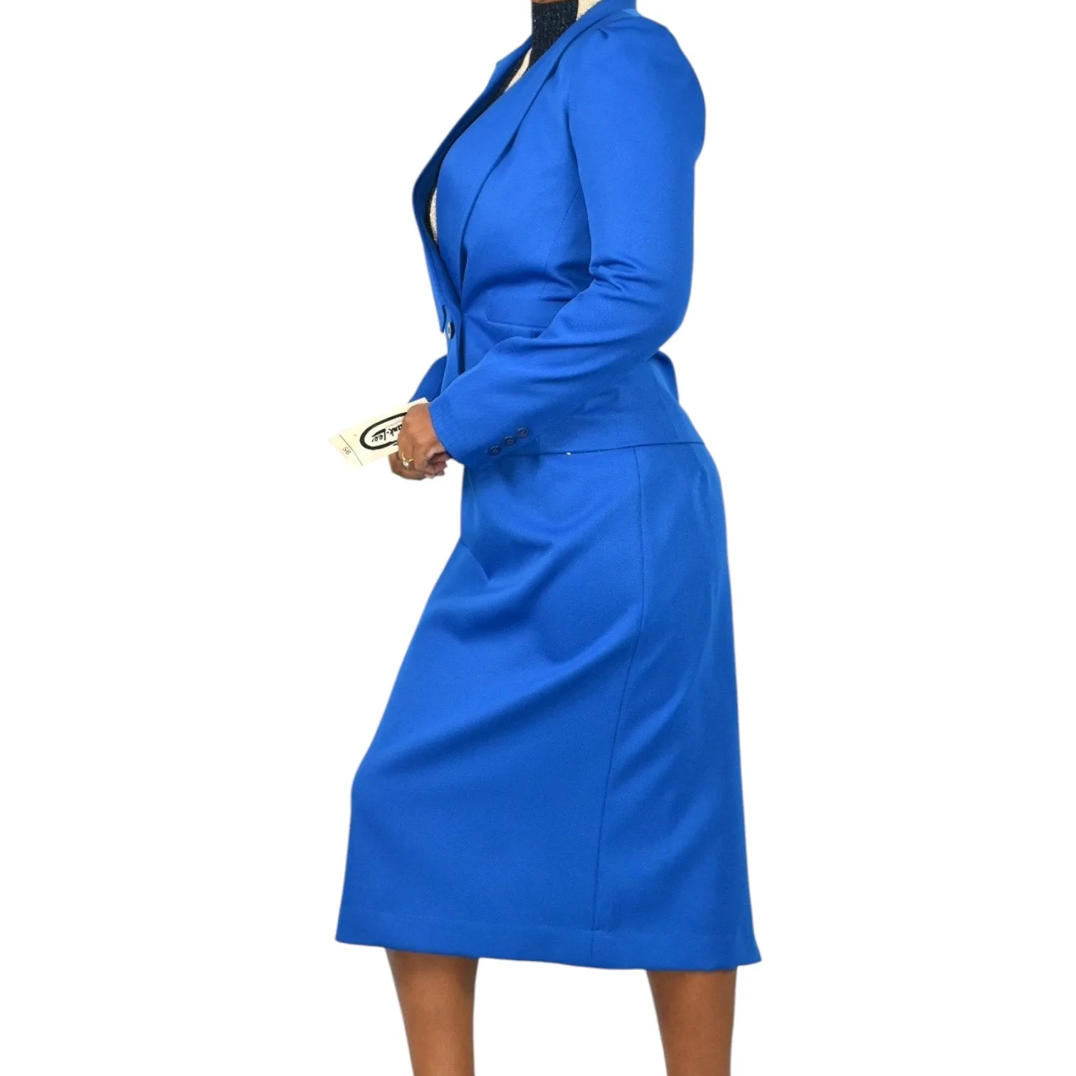 Vintage Frank Lee Skirt Suit Electric Blue 80s Blazer Midi Office Royal Career Small