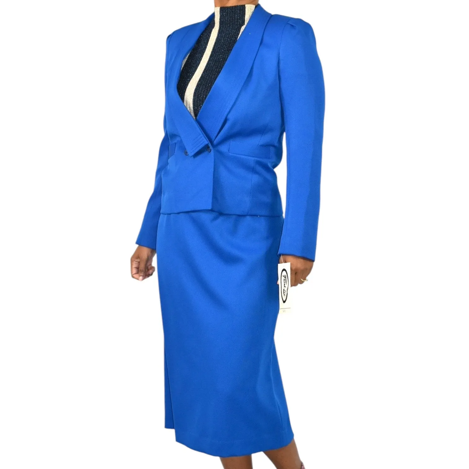 Vintage Frank Lee Skirt Suit Electric Blue 80s Blazer Midi Office Royal Career Small