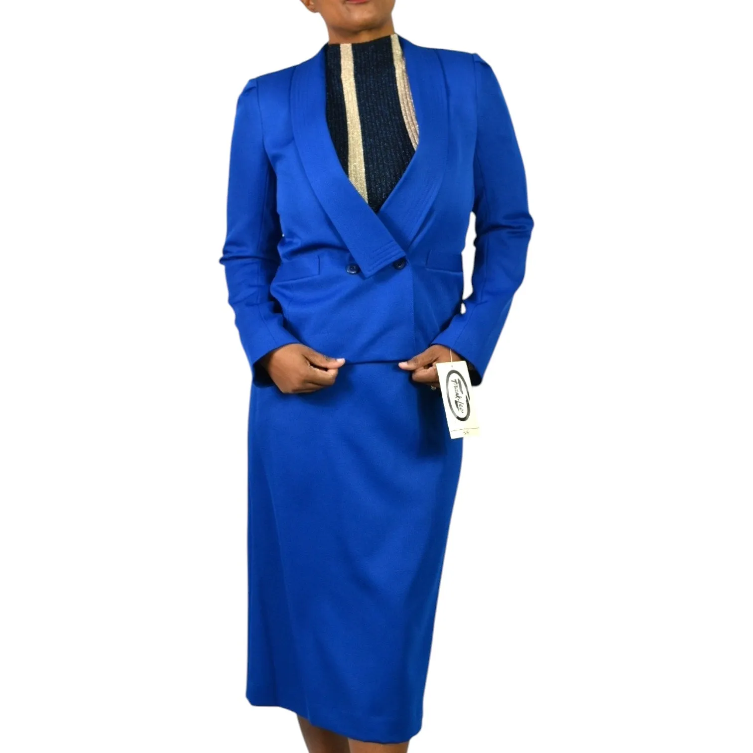 Vintage Frank Lee Skirt Suit Electric Blue 80s Blazer Midi Office Royal Career Small