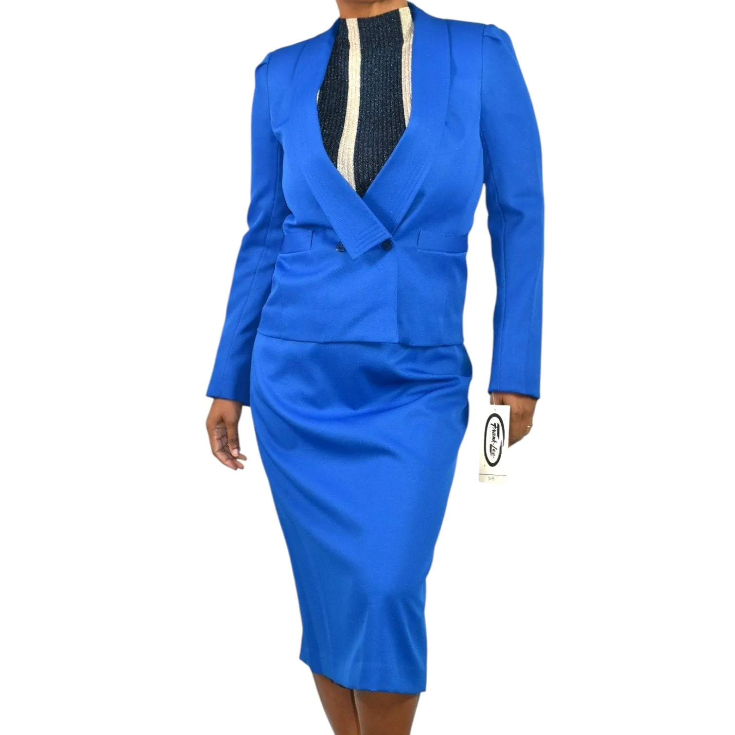 Vintage Frank Lee Skirt Suit Electric Blue 80s Blazer Midi Office Royal Career Small