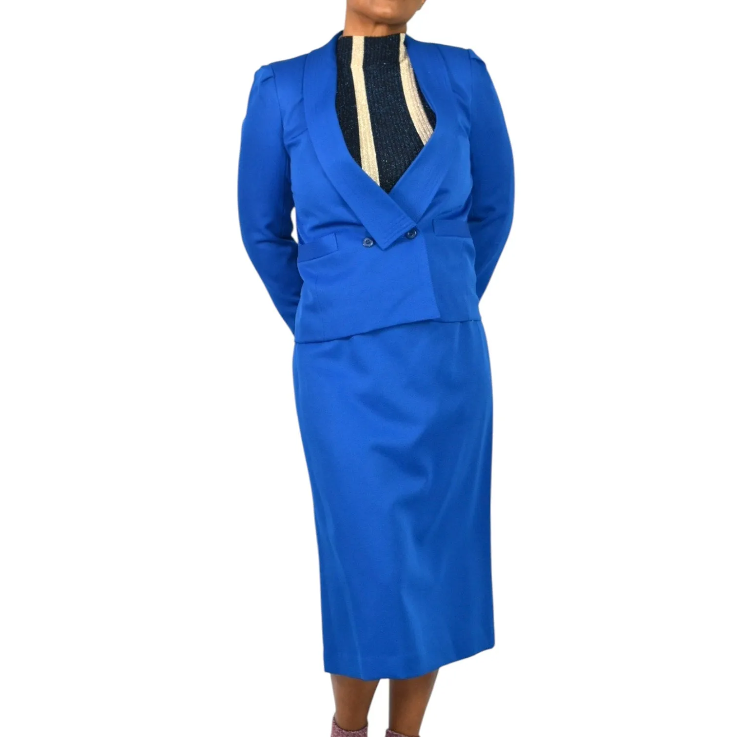Vintage Frank Lee Skirt Suit Electric Blue 80s Blazer Midi Office Royal Career Small