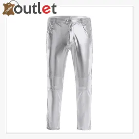 White Color Disco Night Club Leather Metallic Straight Pant Trouser